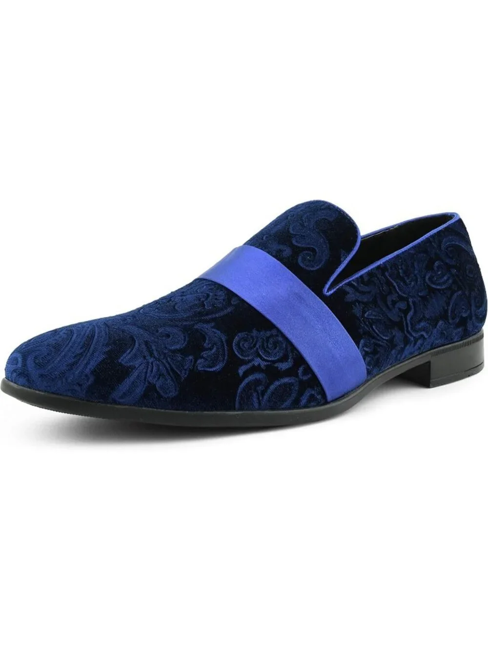 Amali Men's Navy Paisley Embossed Velvet Loafers Satin Trim Slip On Tuxedo Shoes